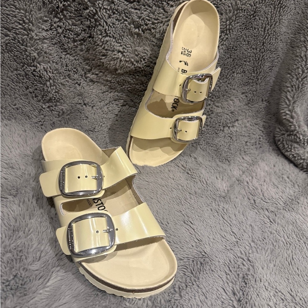 BIRKENSTOCK ARIZONA BIG BUCKLE SLIDE SANDALS HIGH SHINE BUTTER